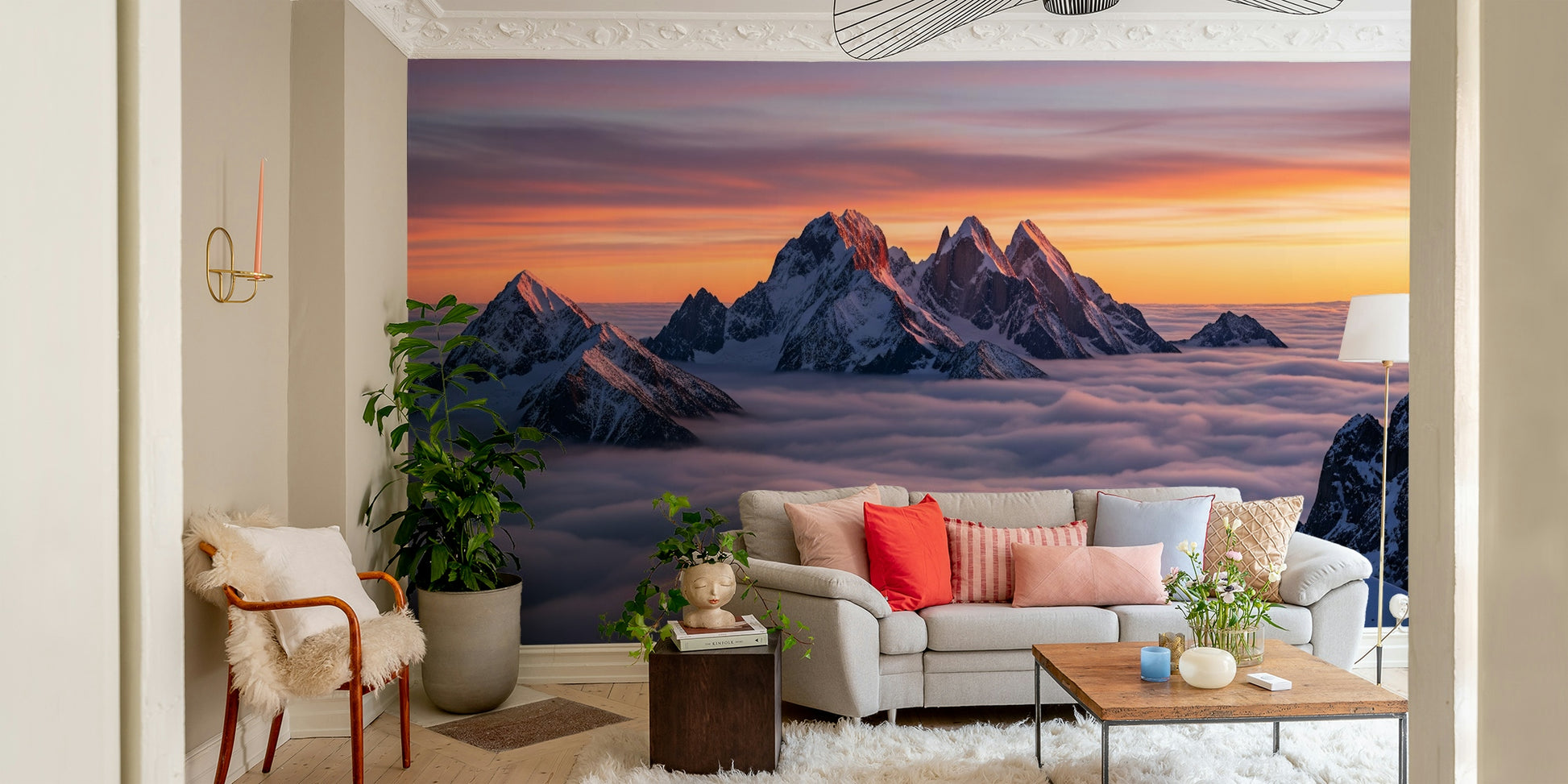 Scenic wallpaper with cartoon shapes and colors

