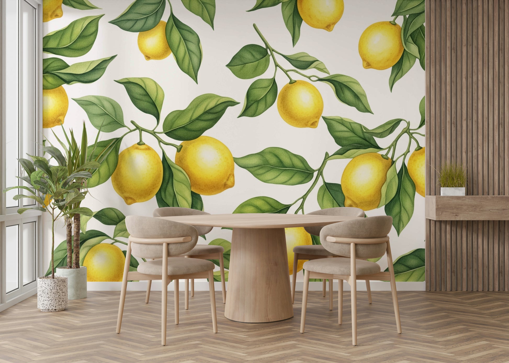 A dining area decorated with a lemon mural


