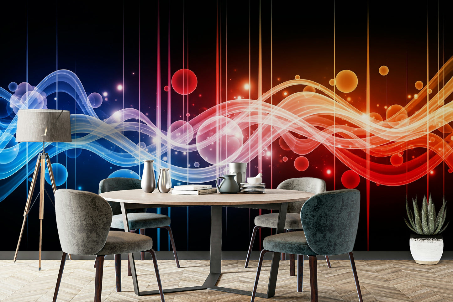 A seamless pattern of colorful waves on a wall

