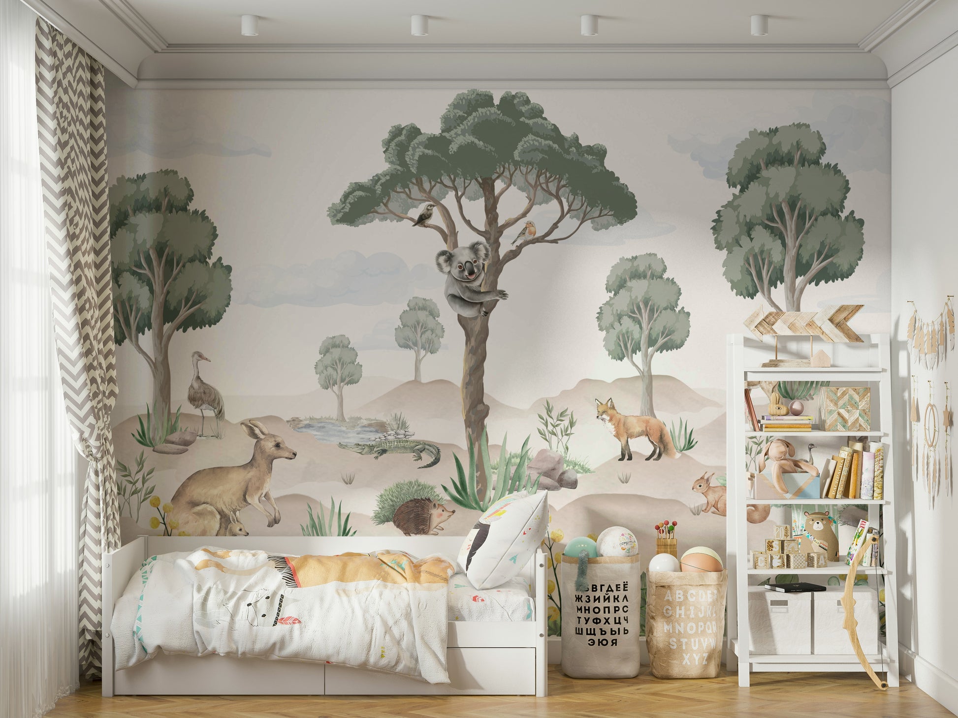 An angled shot of a wall with animal wallpaper

