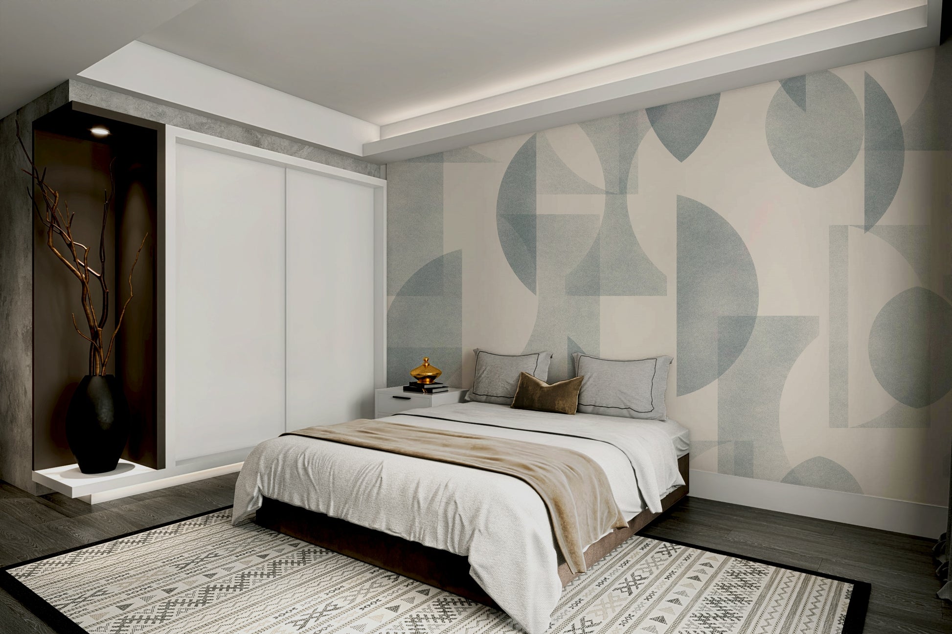 A contemporary office with a unique geometric art mural

