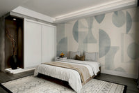 A contemporary office with a unique geometric art mural

