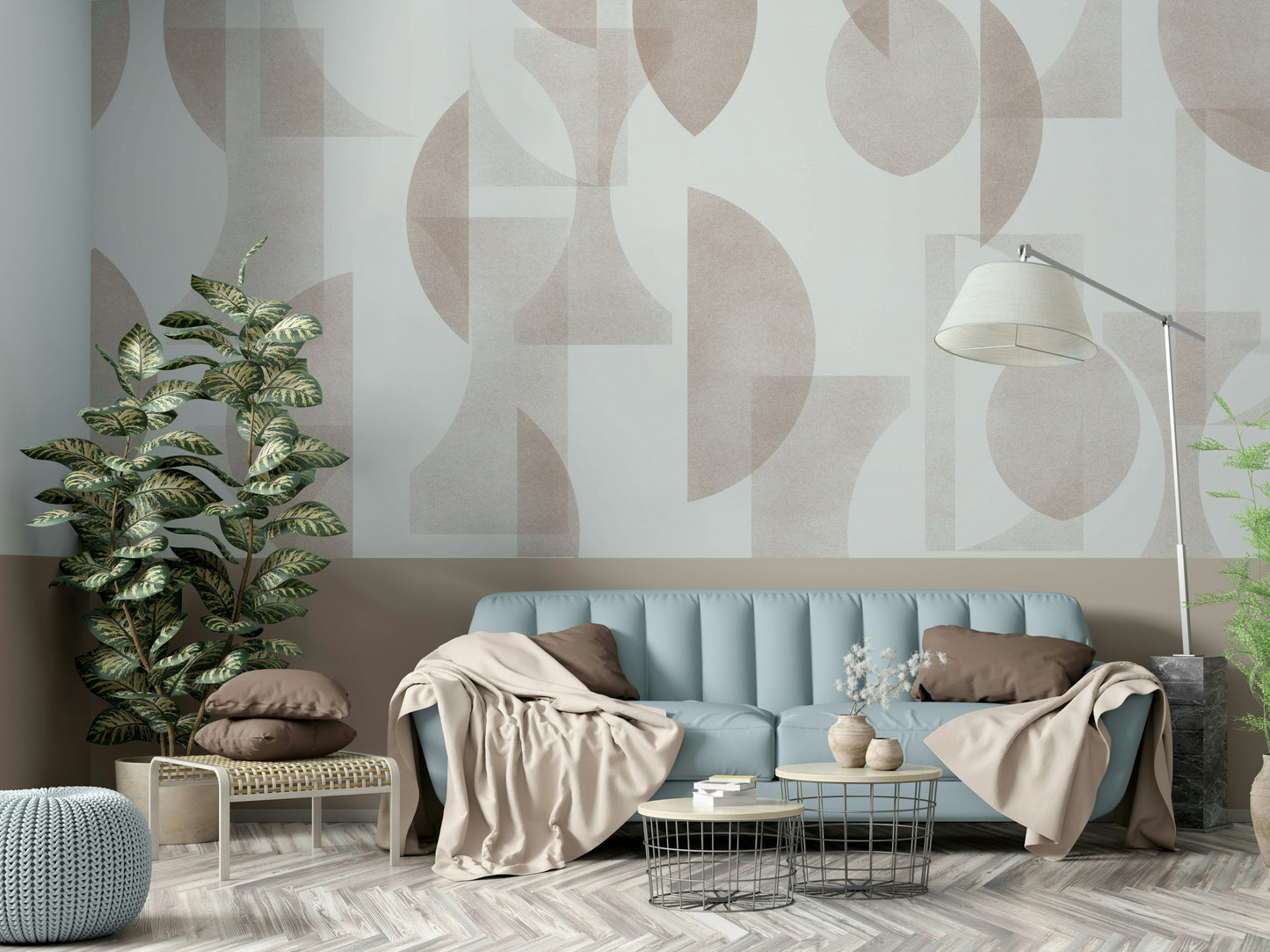 Wallpaper with modern shapes in brown and cream

