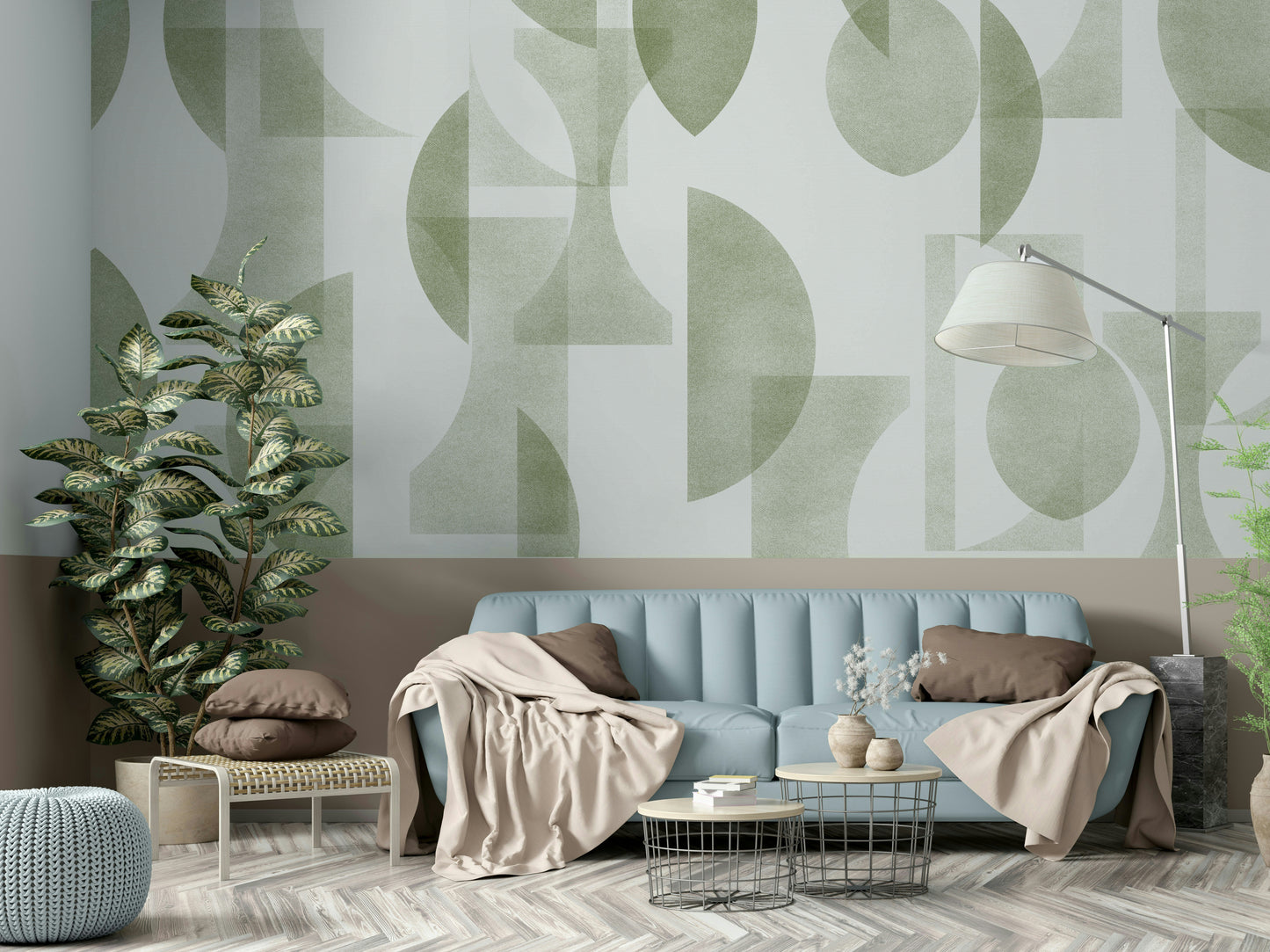 A contemporary living room with a unique olive art mural

