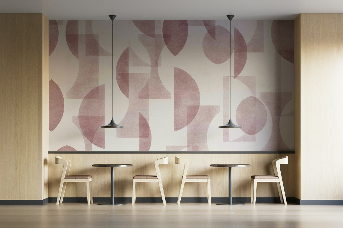 A dining area decorated with a geometric mural

