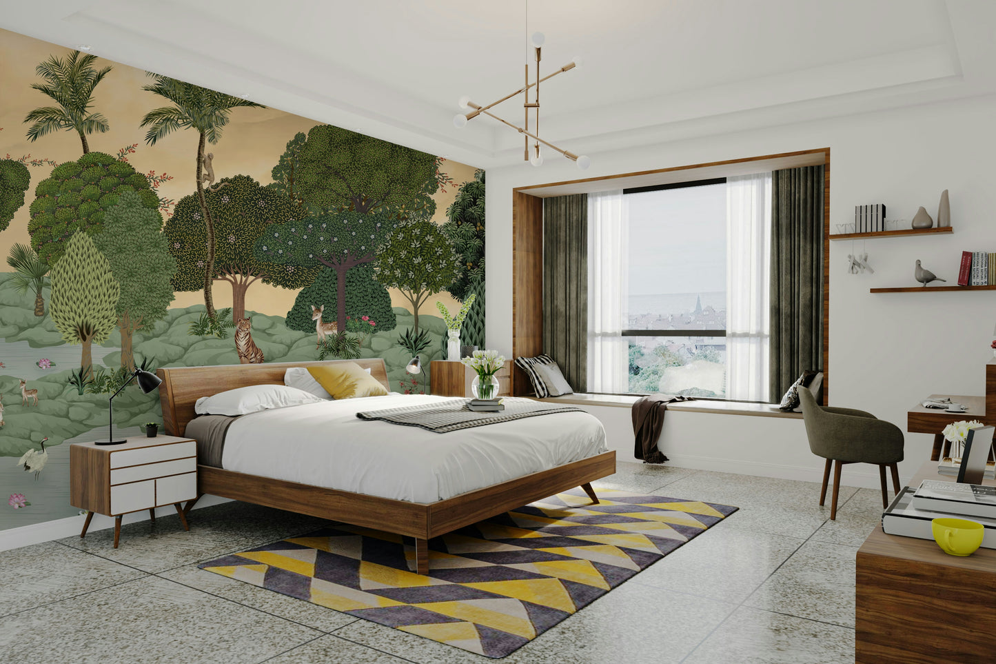 Scenic wallpaper with cartoon shapes and colors

