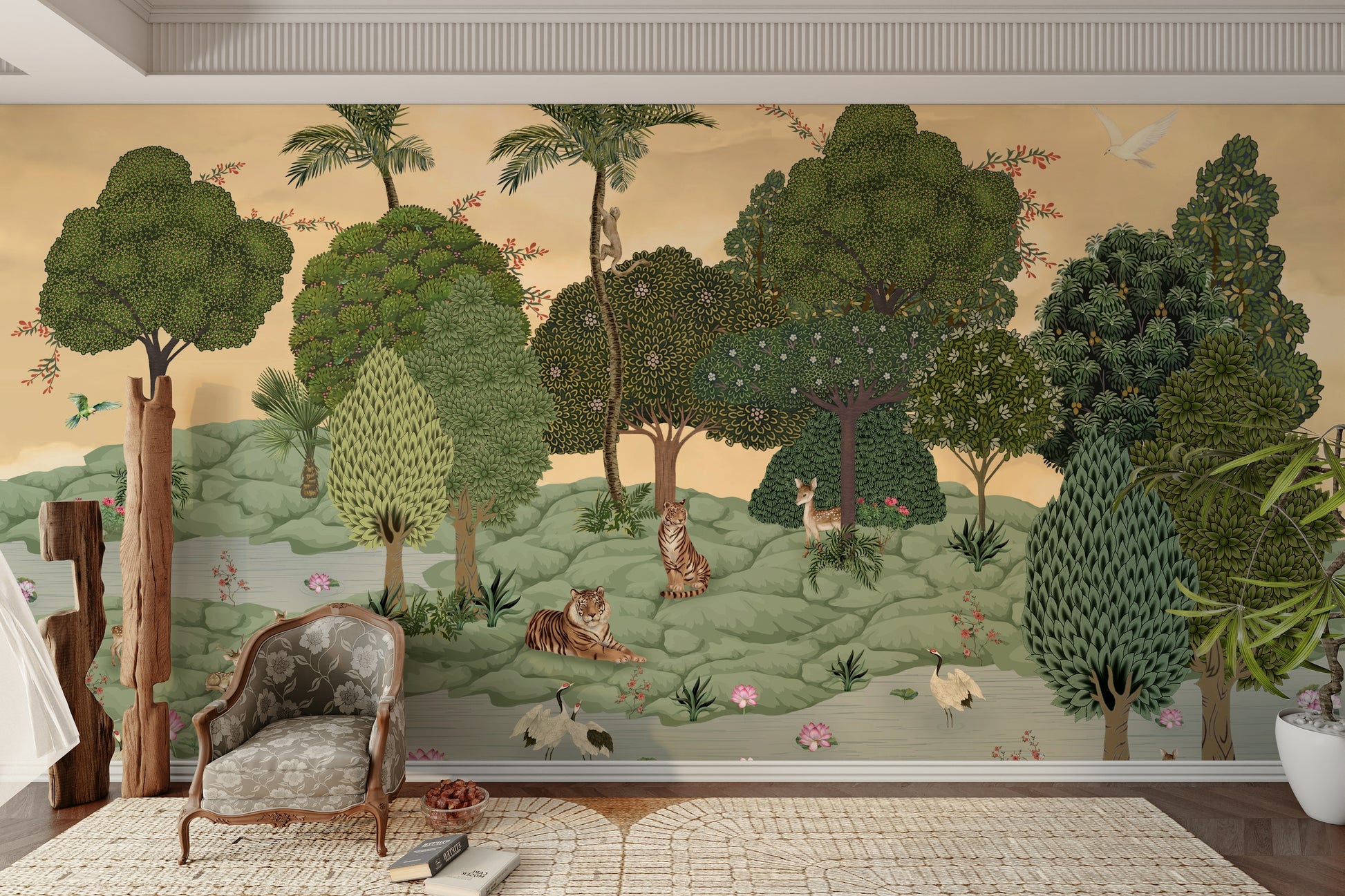 Serene forest scene with friendly animals


