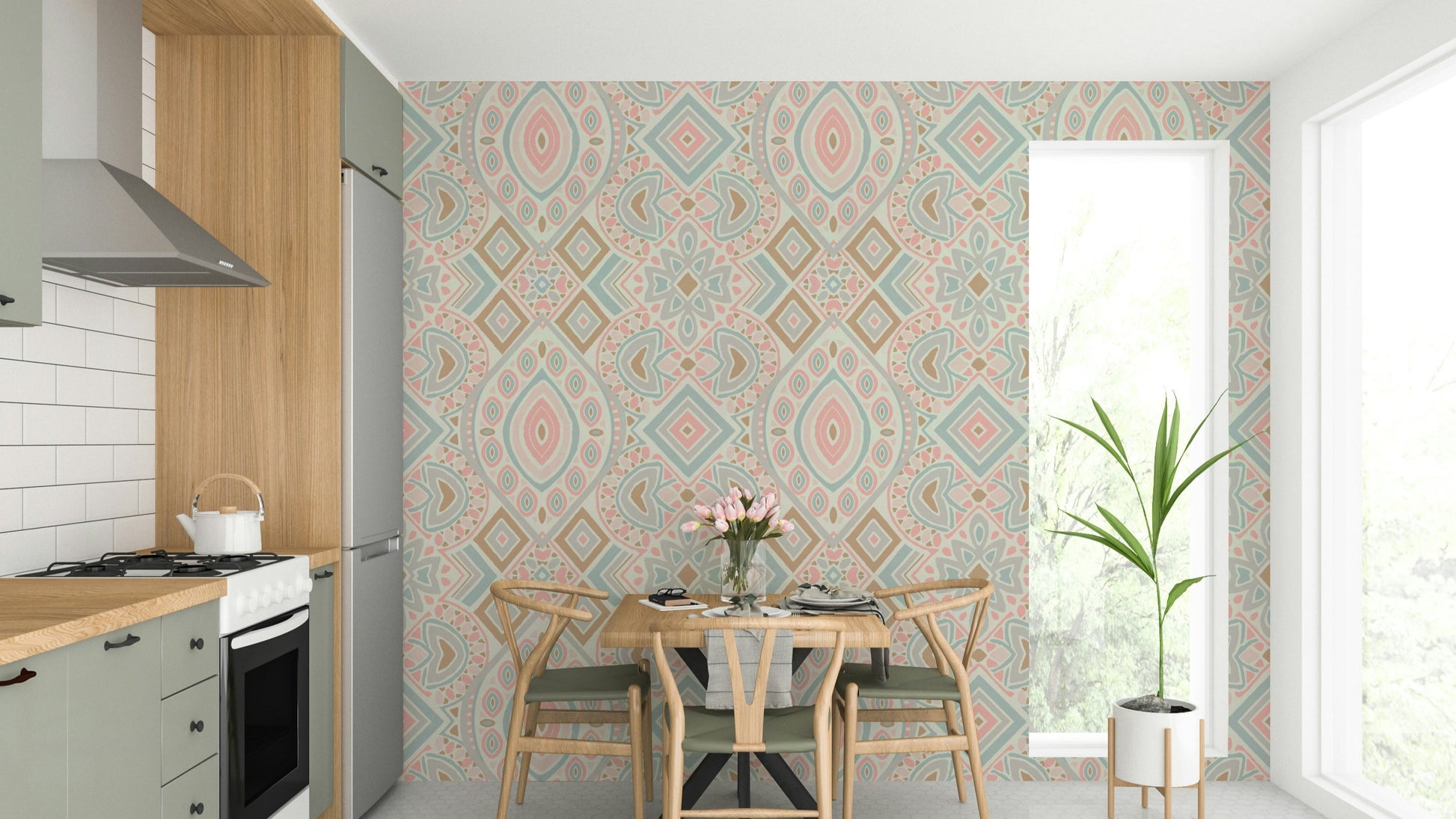 A full-wall mural showing a geometric Aztec-inspired pattern.
