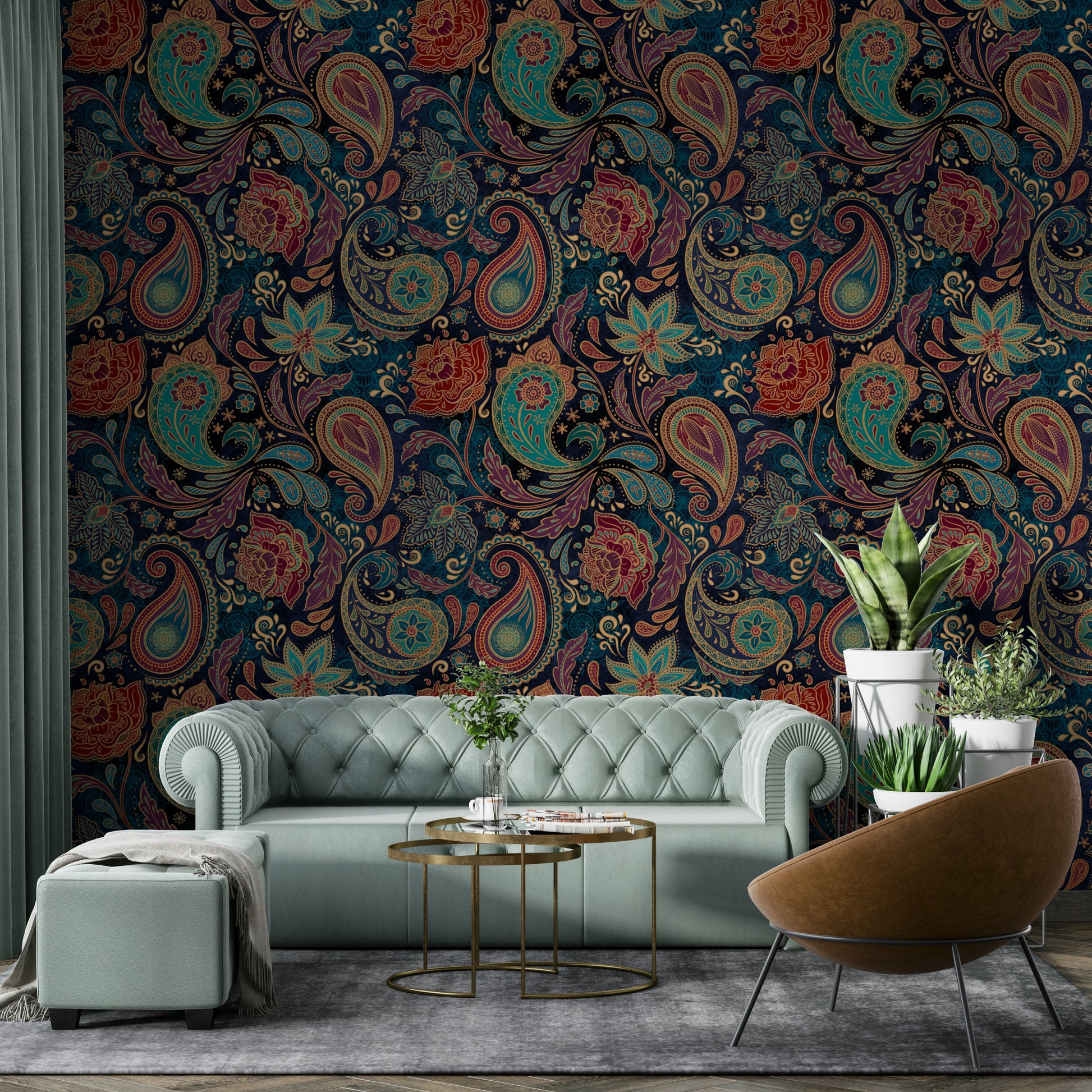 This wallpaper is suitable for a living room, a bedroom, or an elegant study.
