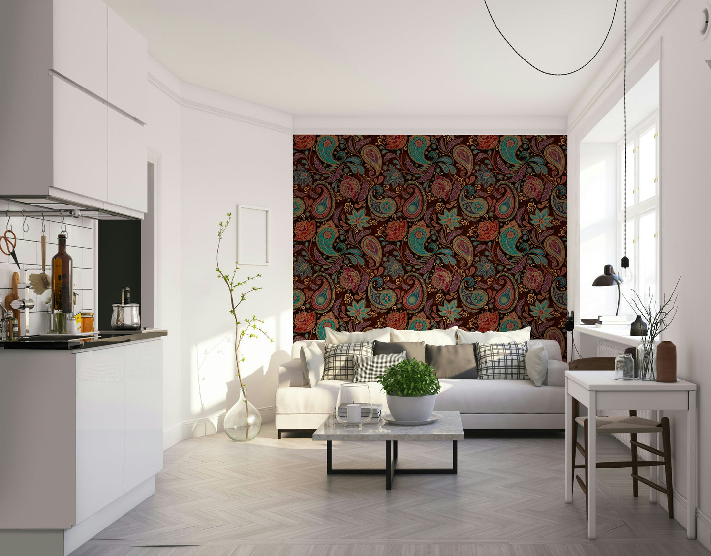 This wallpaper is suitable for a living room, a bedroom, or an elegant study.
