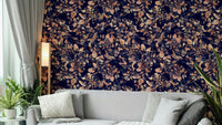 A full-wall mural showing a botanical pattern on a dark background.
