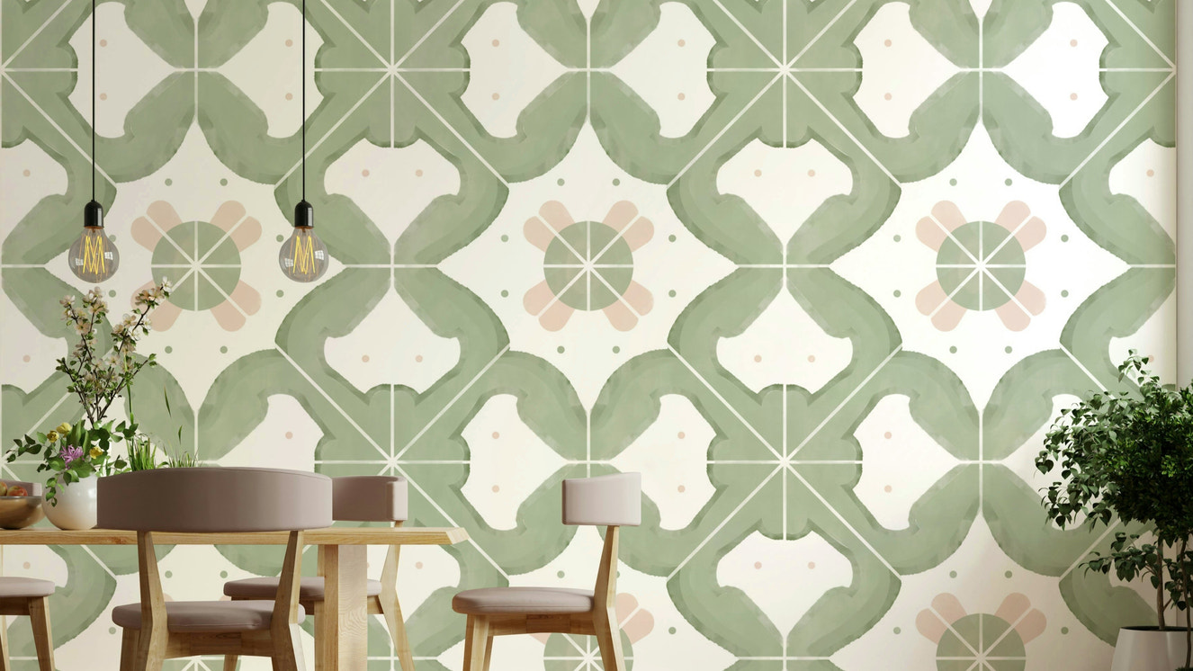 Tile-style wallpaper in a sage color palette

