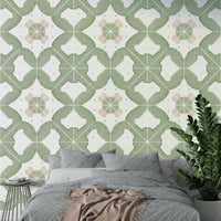Detailed sage tile print on wallpaper


