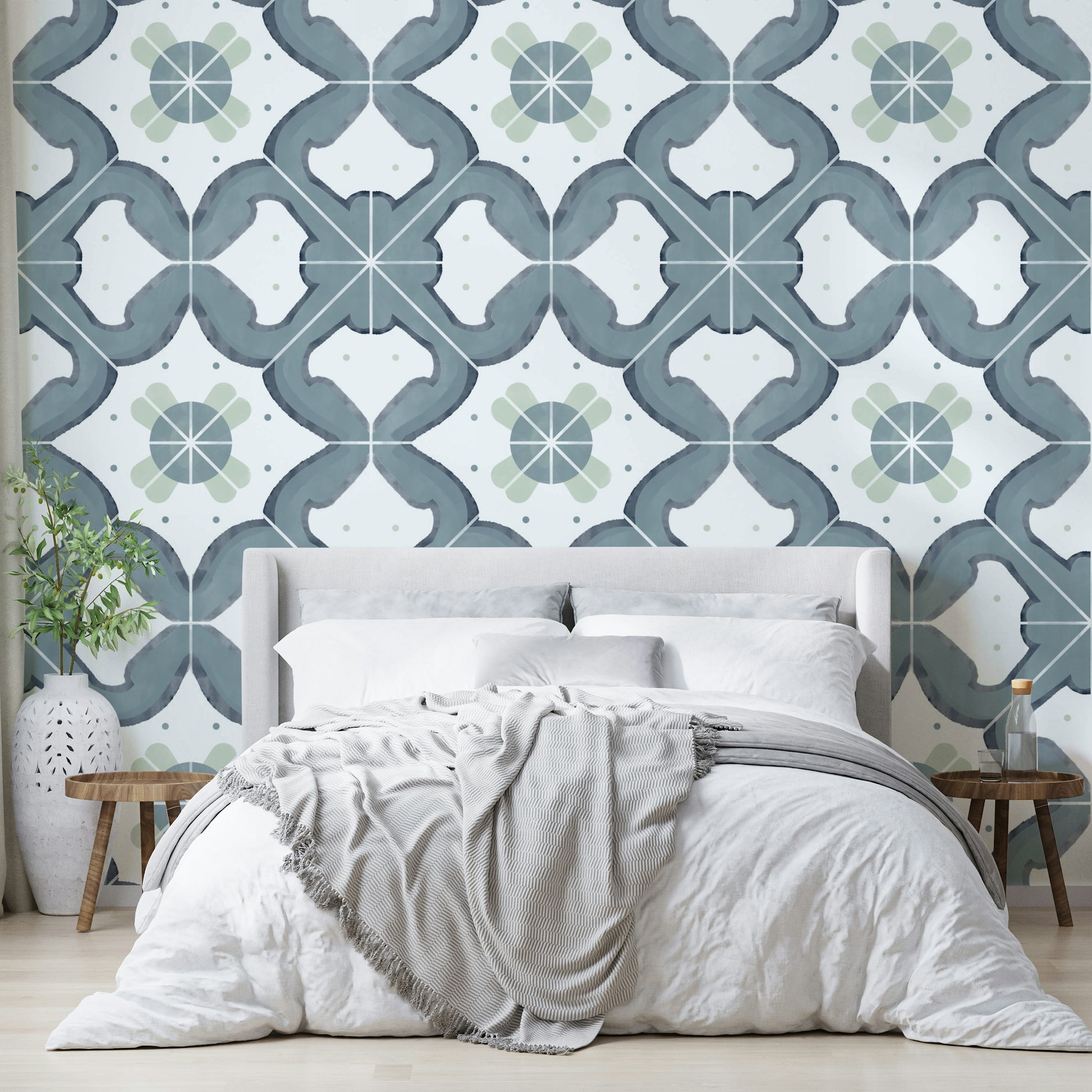 Realistic-looking blue tile mural wallpaper

