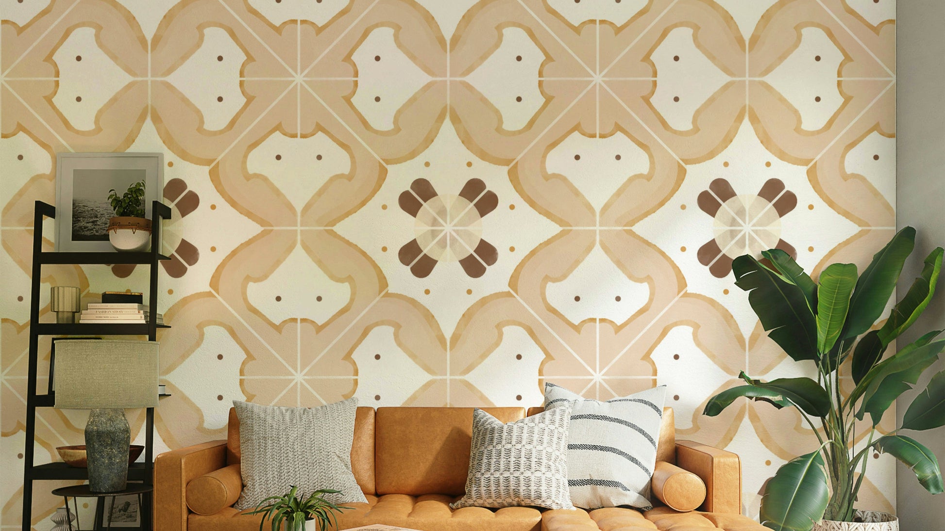 Textured wallpaper with an apricot tile design

