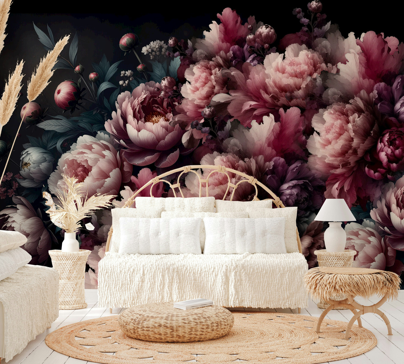 Mural wallpaper of a vintage peonies design

