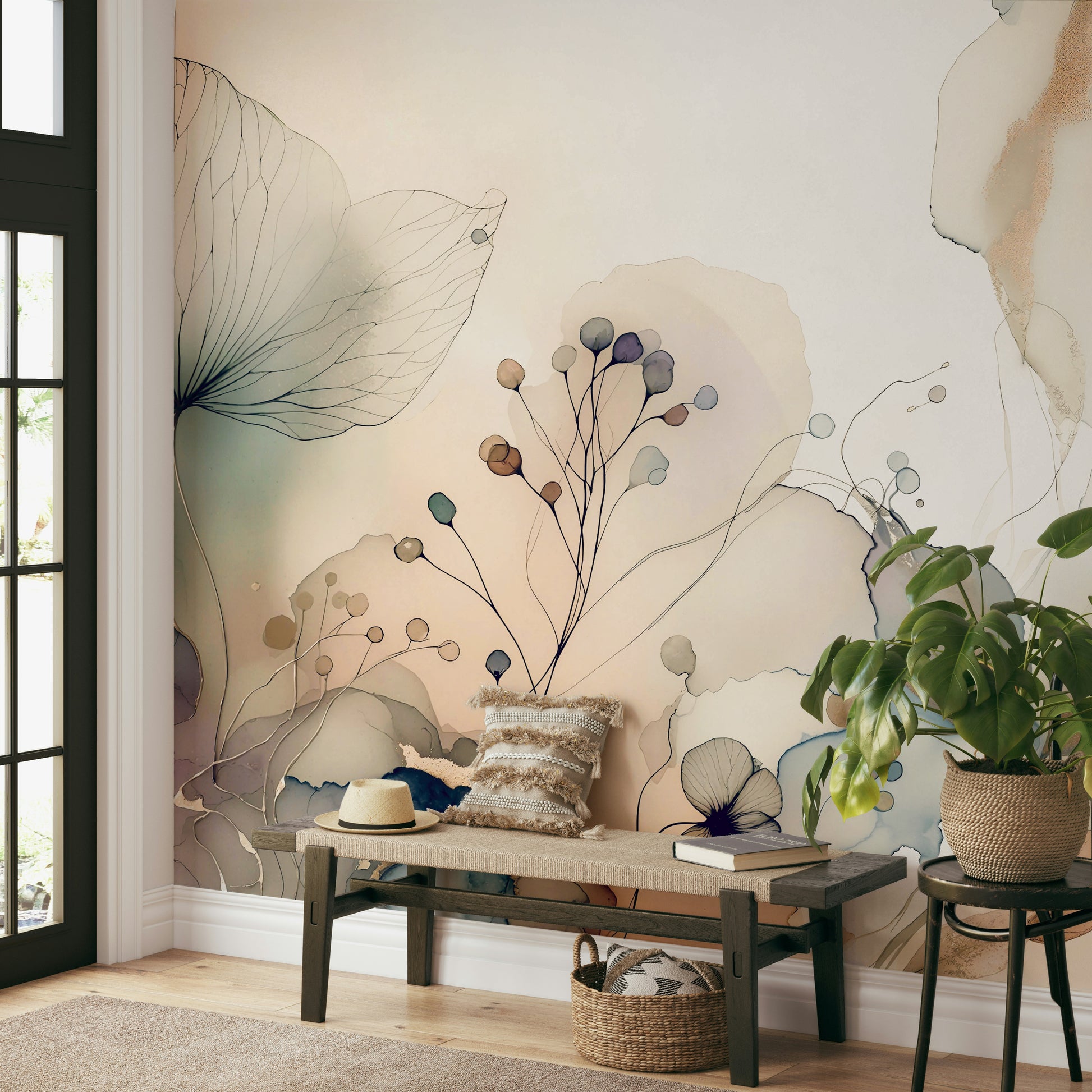 Scenic wallpaper with cartoon shapes and colors

