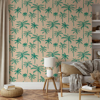 The image features various stylized tropical palm trees.
