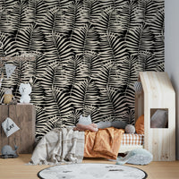 The design is a dense, repeating pattern of large palm leaves.
