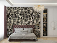 The Palm Leaf Wallpaper on a brightly lit feature wall.
