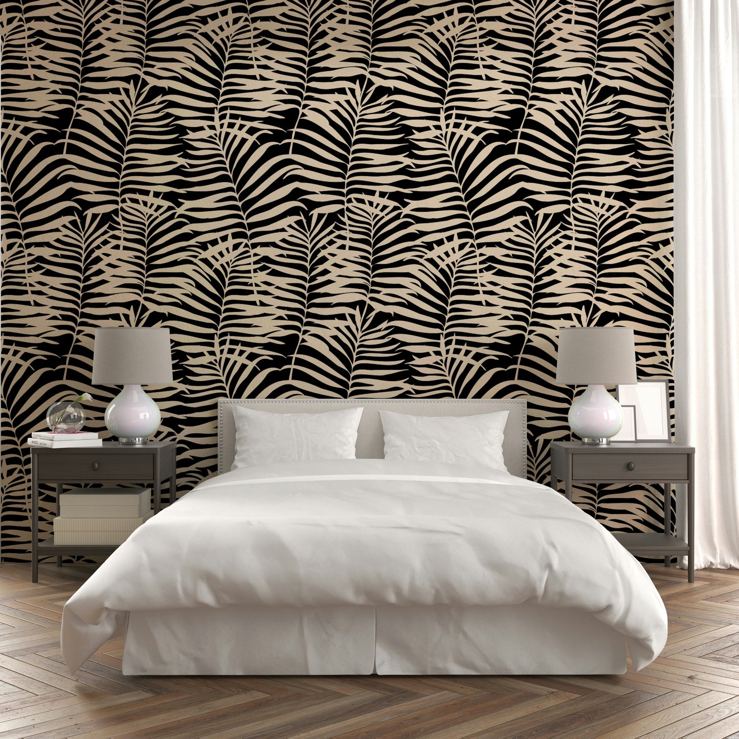 The palm fronds overlap, creating a sense of lush density.
