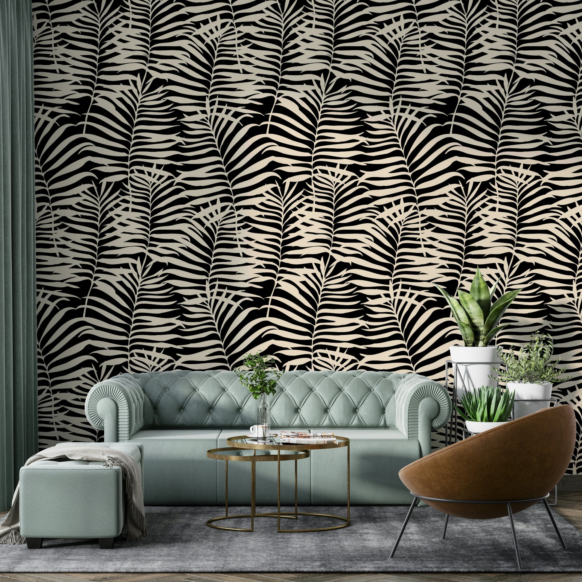 The wallpaper is shown in a stylish living room setting.
