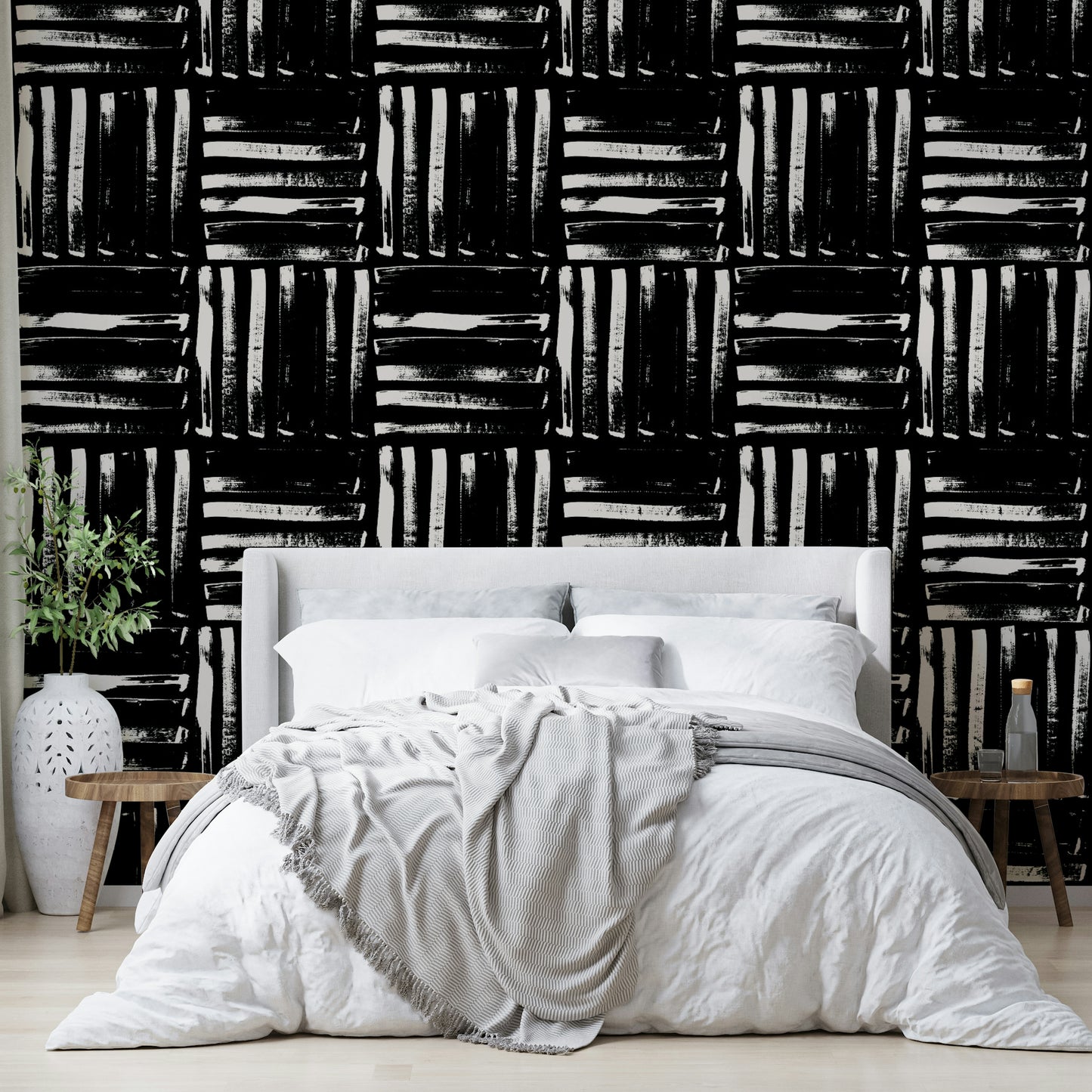 The image features abstract stripes that run vertically across the wall.
