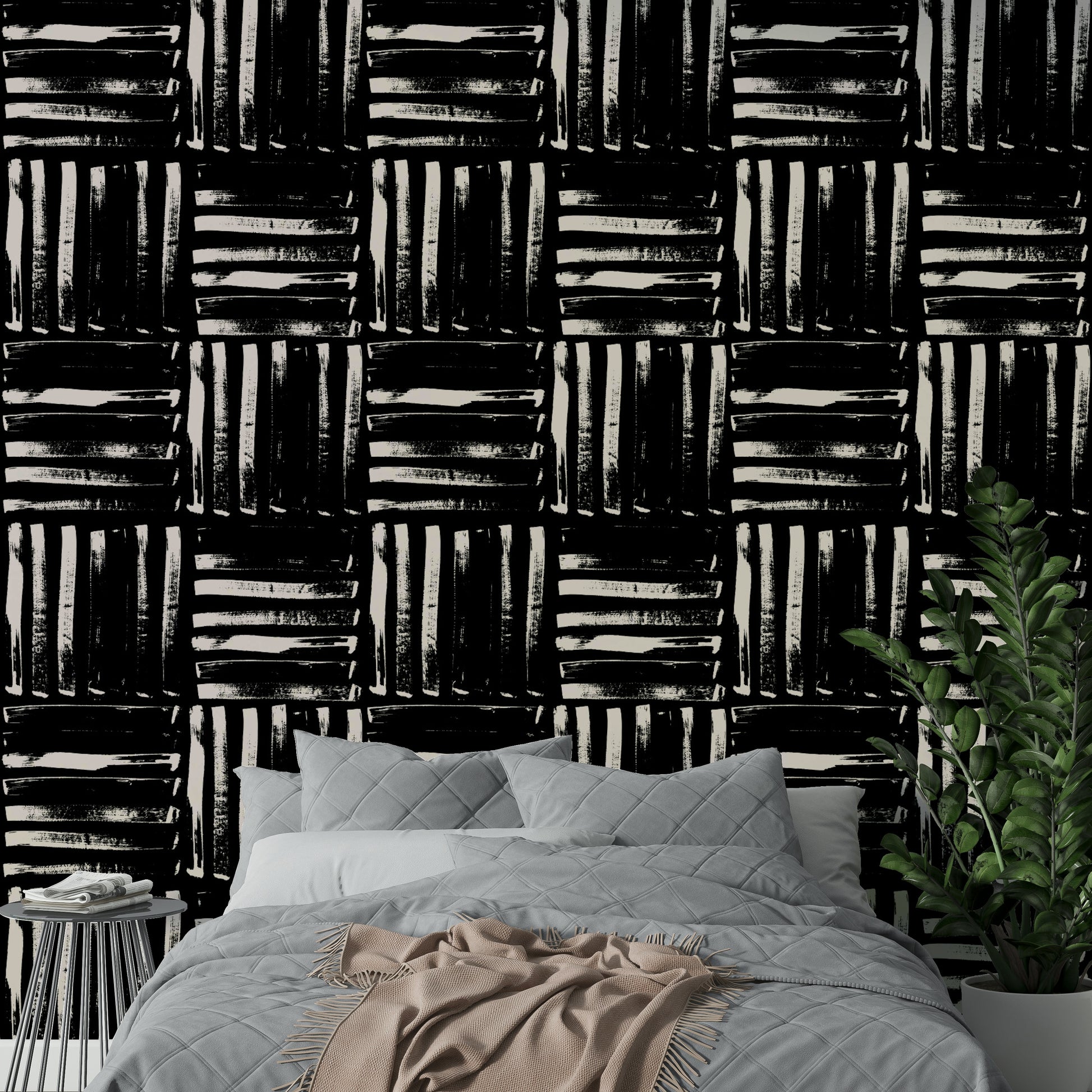 A full-wall mural showing a pattern of painted stripes.
