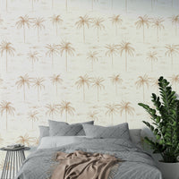 A full-wall mural showing a pattern of sketched palm trees.
