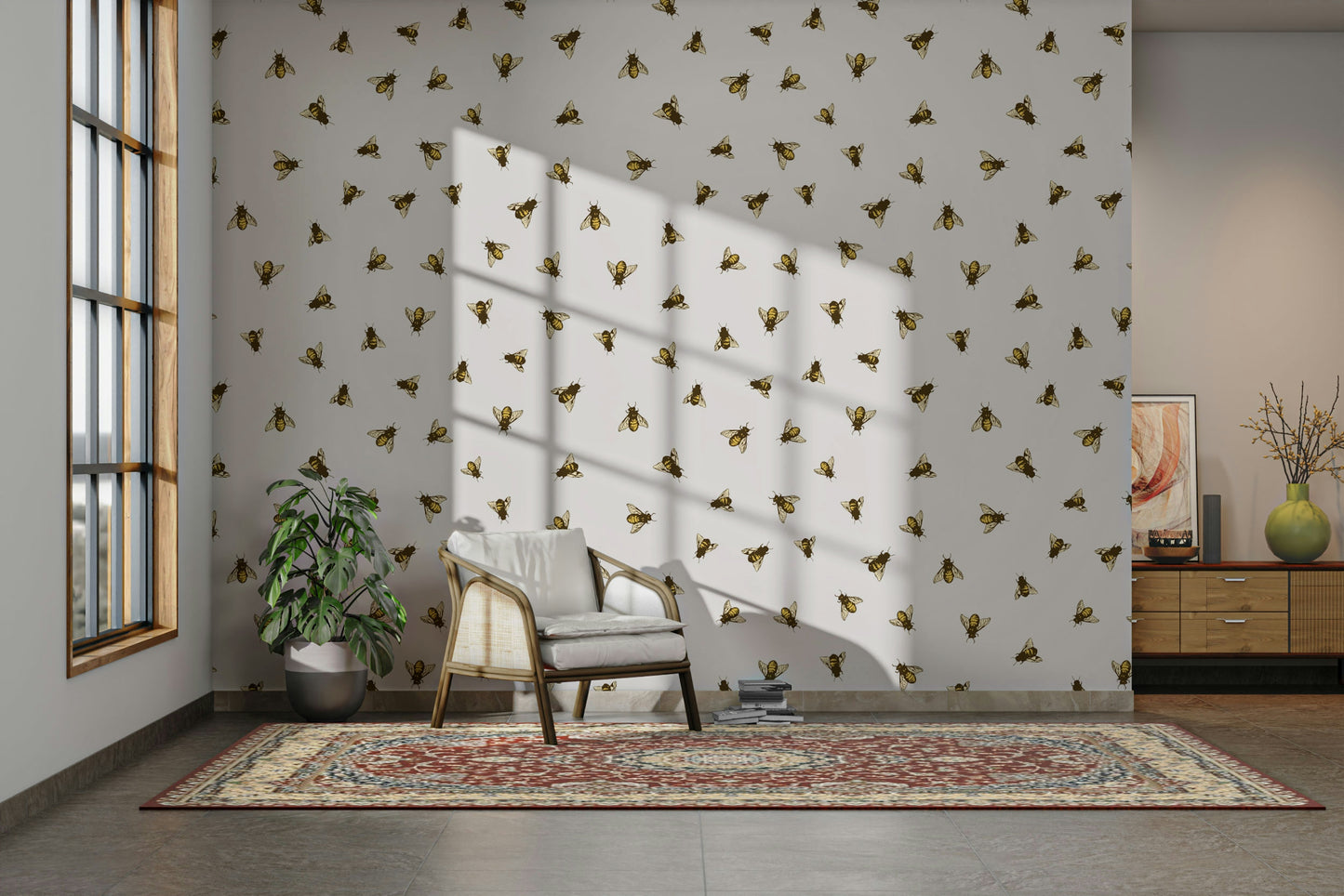 A full-wall mural showing a pattern of hand-drawn bees.
