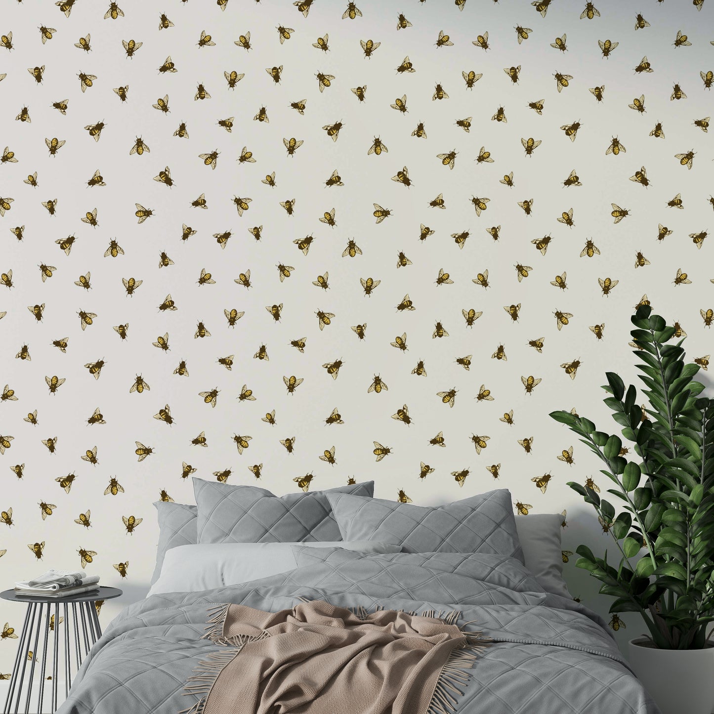 The image features stylized, whimsical bees flying around.
