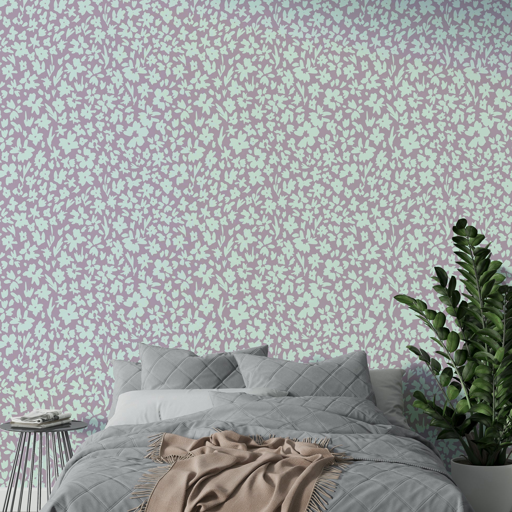 A full-wall mural showing a pattern of sketched flowers.
