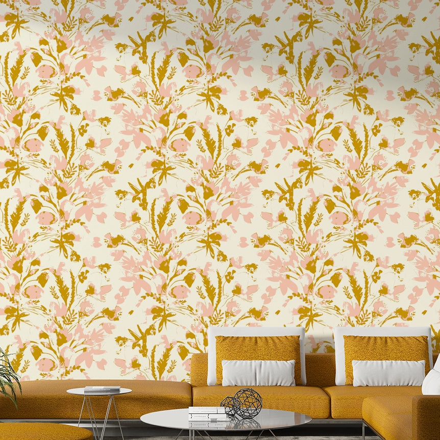 The image features abstract, hand-painted flowers in full bloom.
