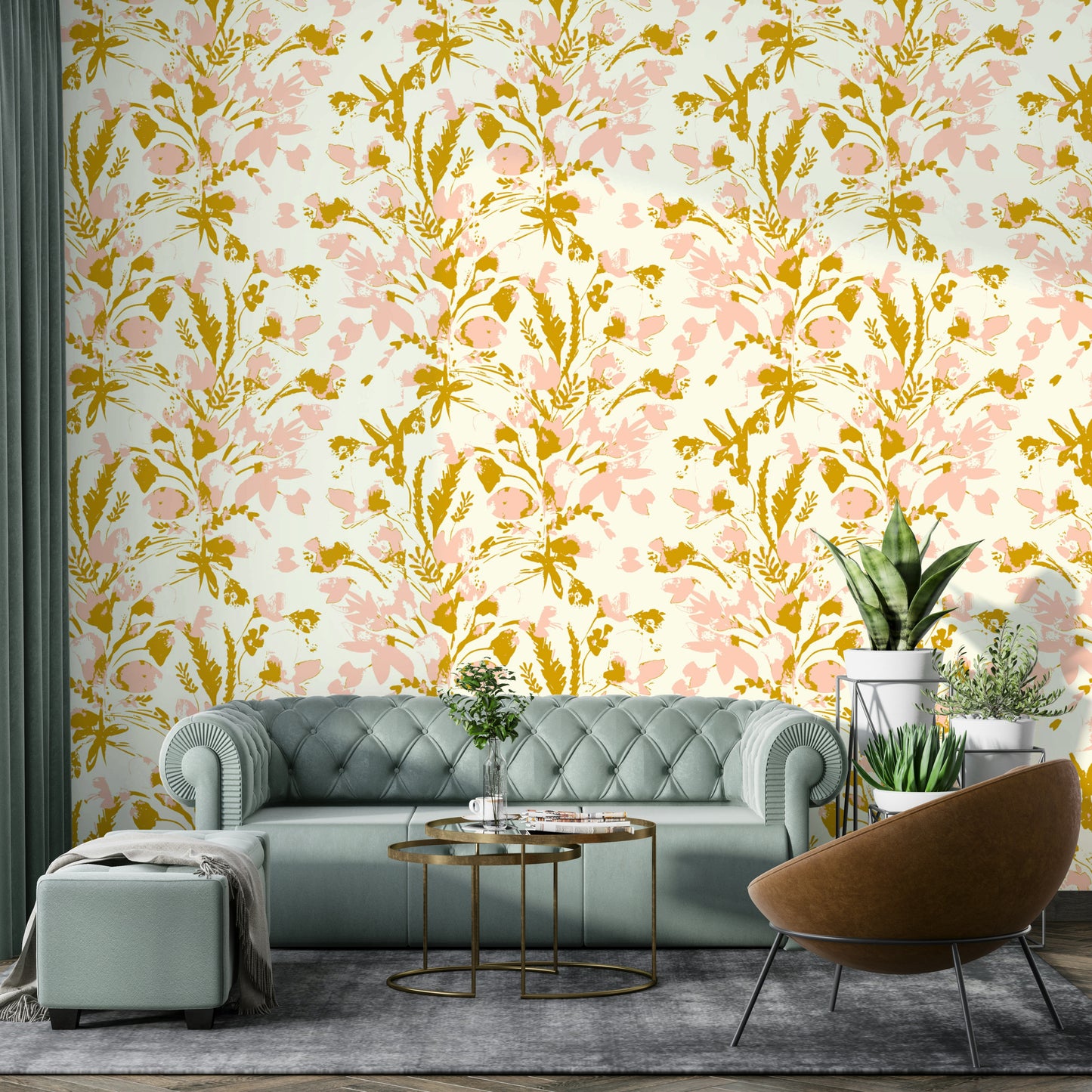 This wallpaper is suitable for a living room, a sunroom, or a creative space.
