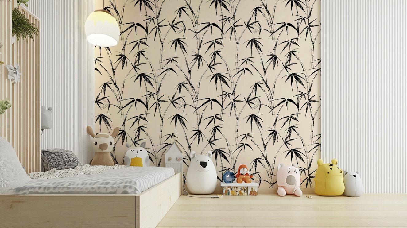 The image features abstract, hand-drawn bamboo stalks and leaves.
