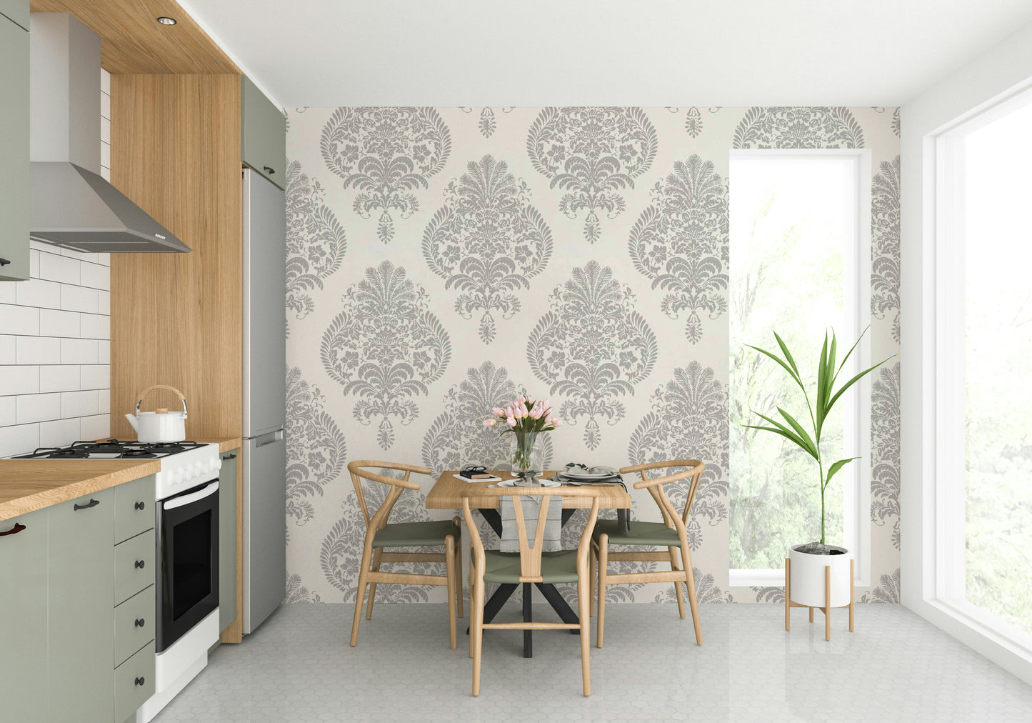 The image features delicate, traditional motifs like damask or scrolls.
