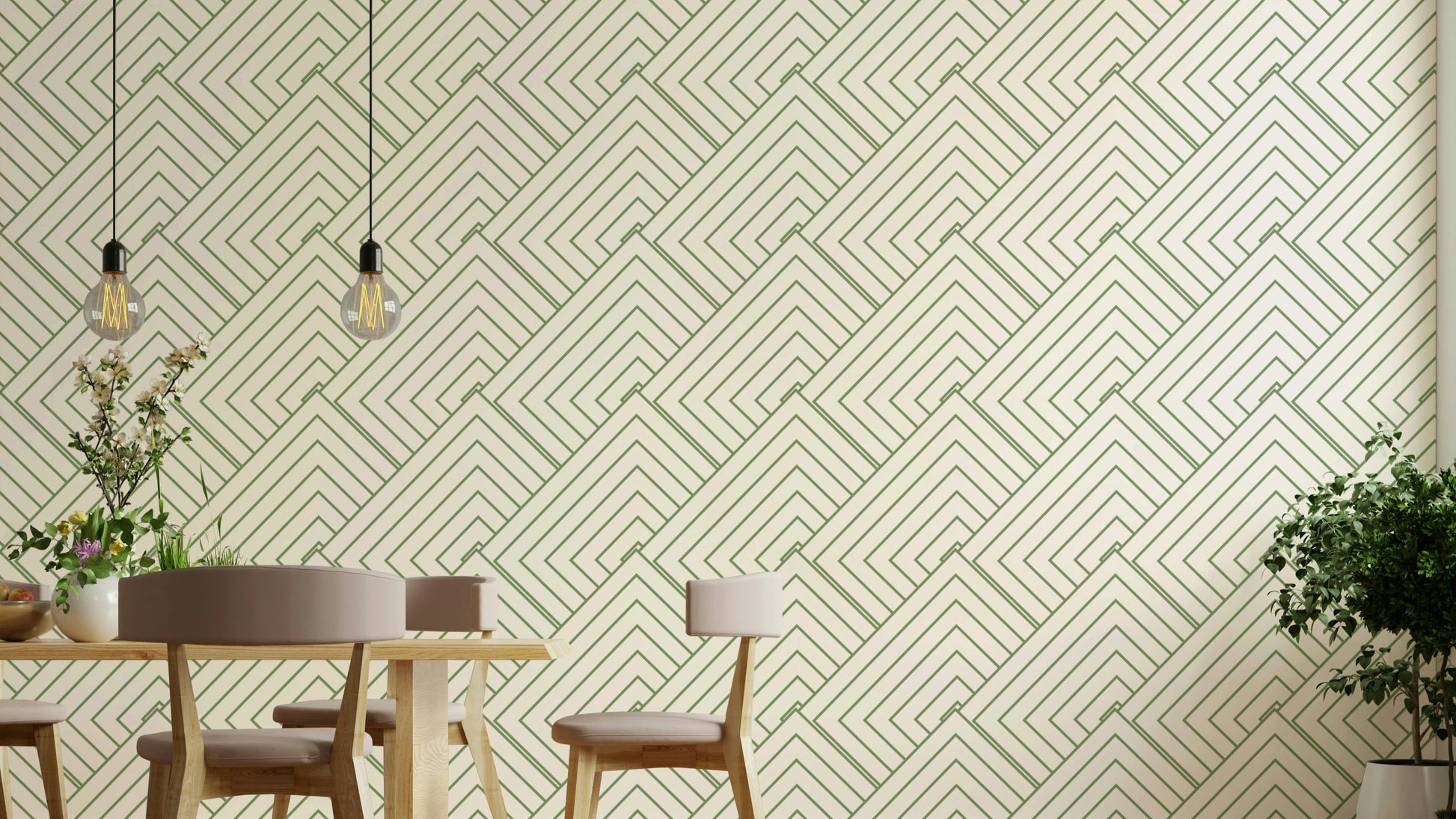 A full-wall mural of a modern, geometric pattern.
