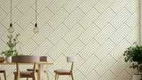 A full-wall mural of a modern, geometric pattern.
