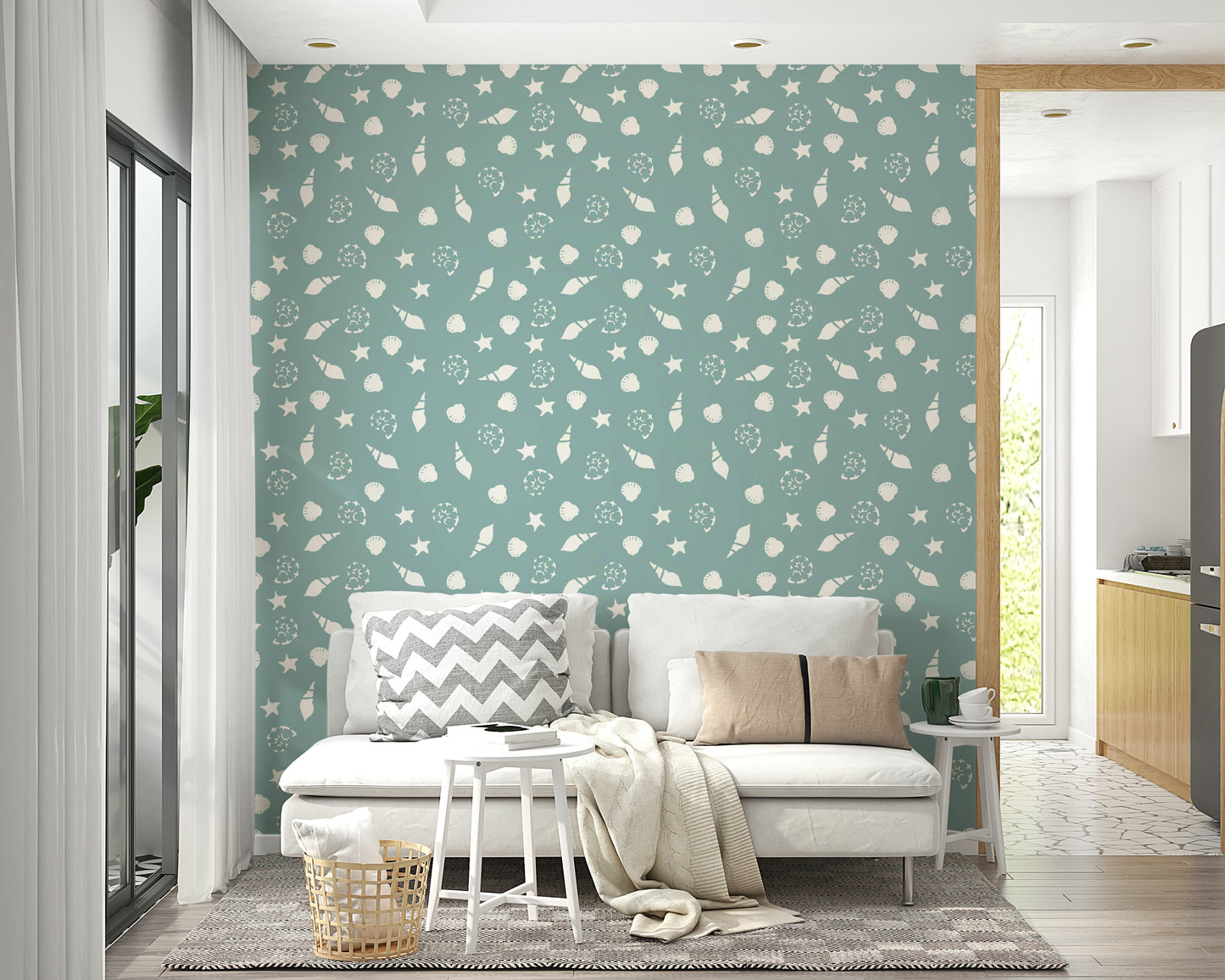 Wallpaper with light pink, blue, and yellow shells

