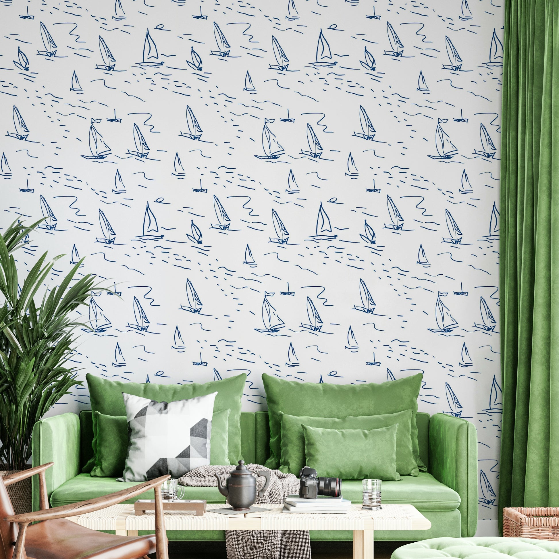 Wallpaper with a line art sailboat design

