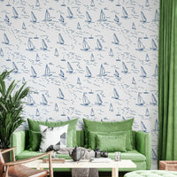 Wallpaper with a line art sailboat design

