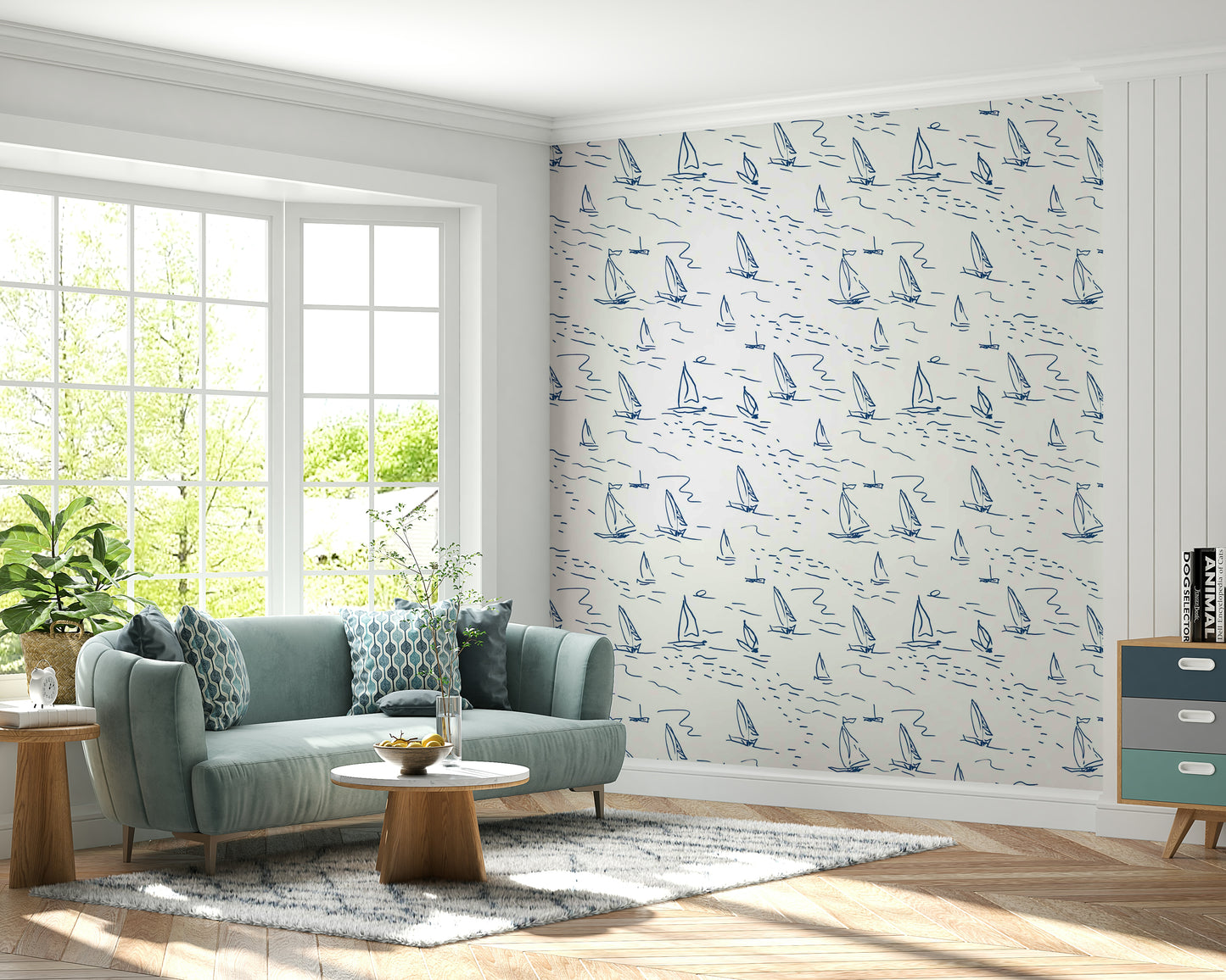 A modern living room with nautical wallpaper

