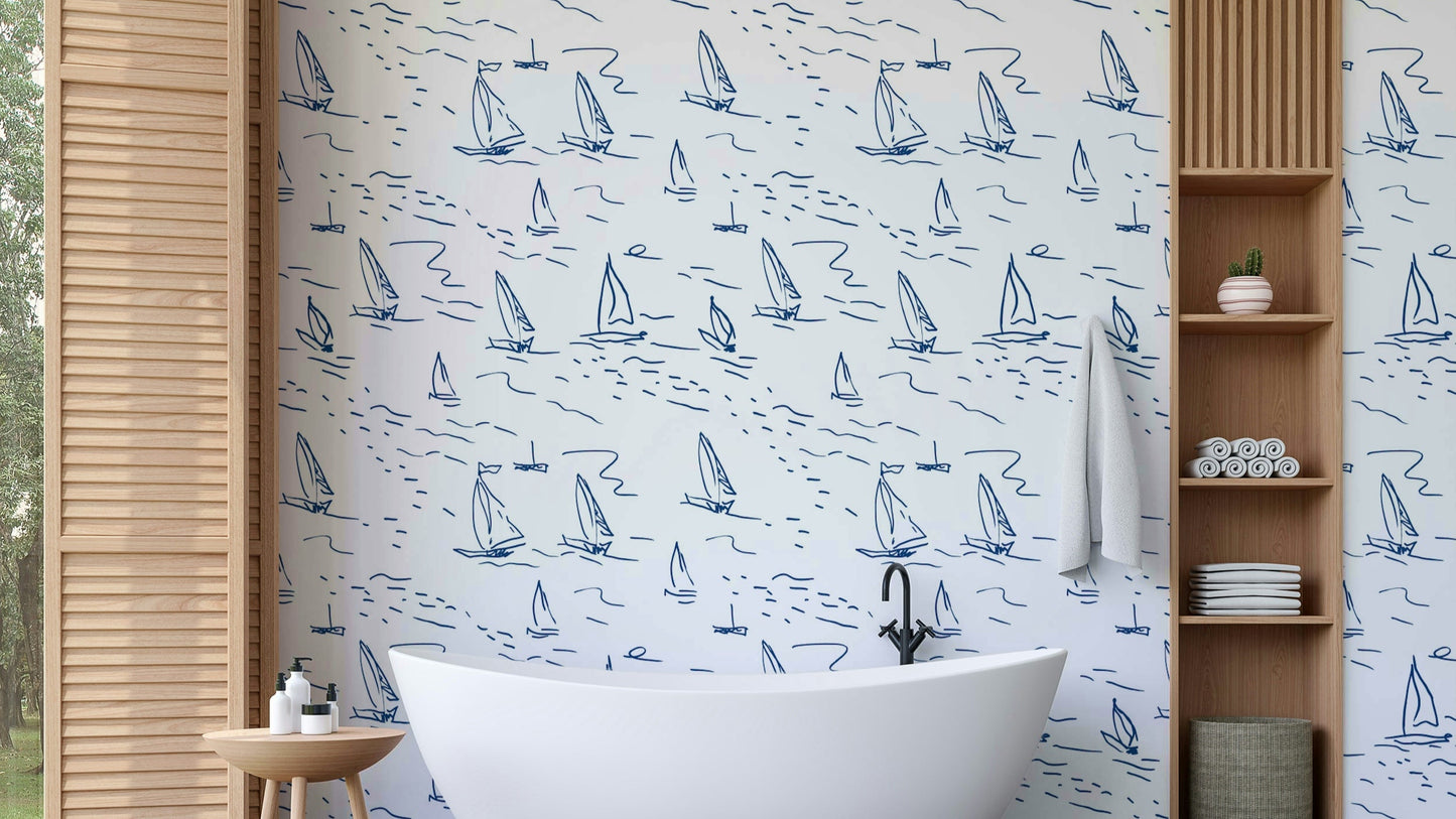 Study with a sketched sailboat wall mural

