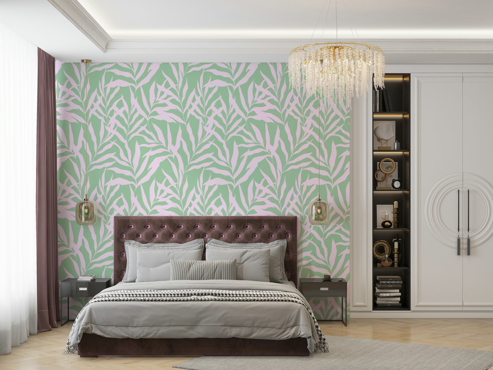 An interior with a tropical-themed accent wall

