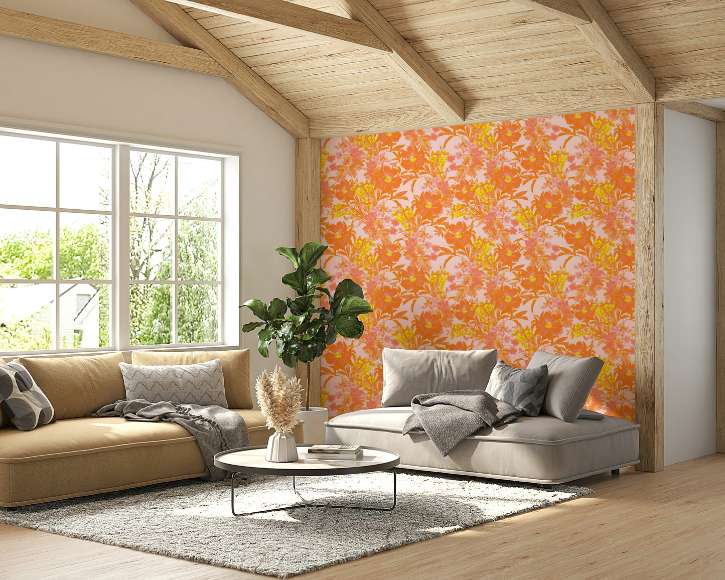 The Bloom Mirage Wallpaper on a bedroom wall.

