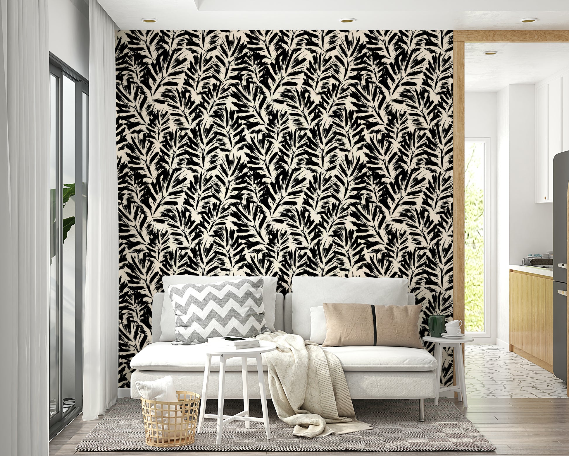 Hand Painted Leaves Wallpaper on a living room wall

