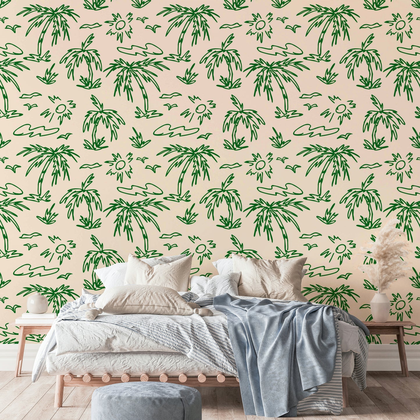 Wallpaper with a vibrant green botanical design

