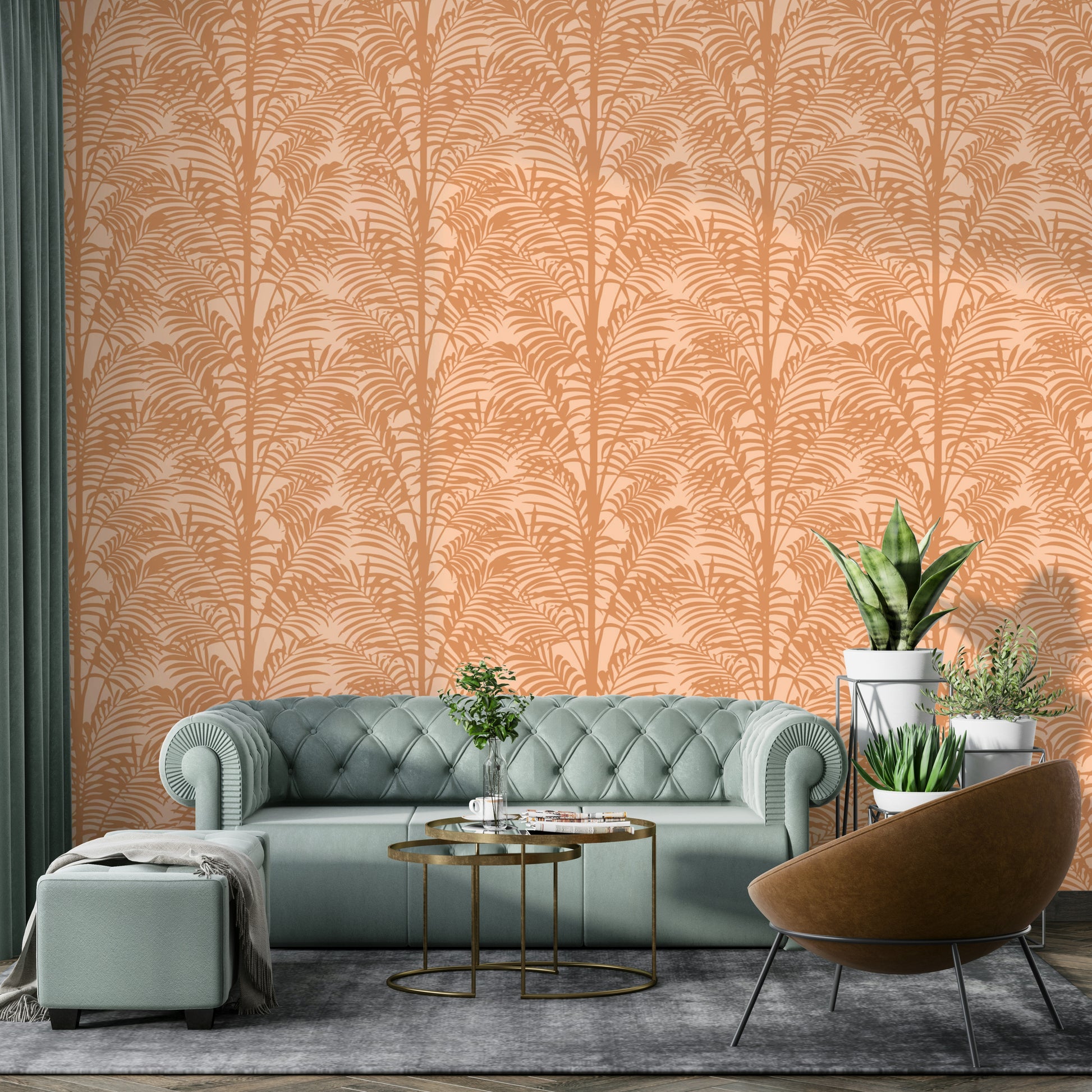 The wallpaper is shown in a stylishly decorated living room.
