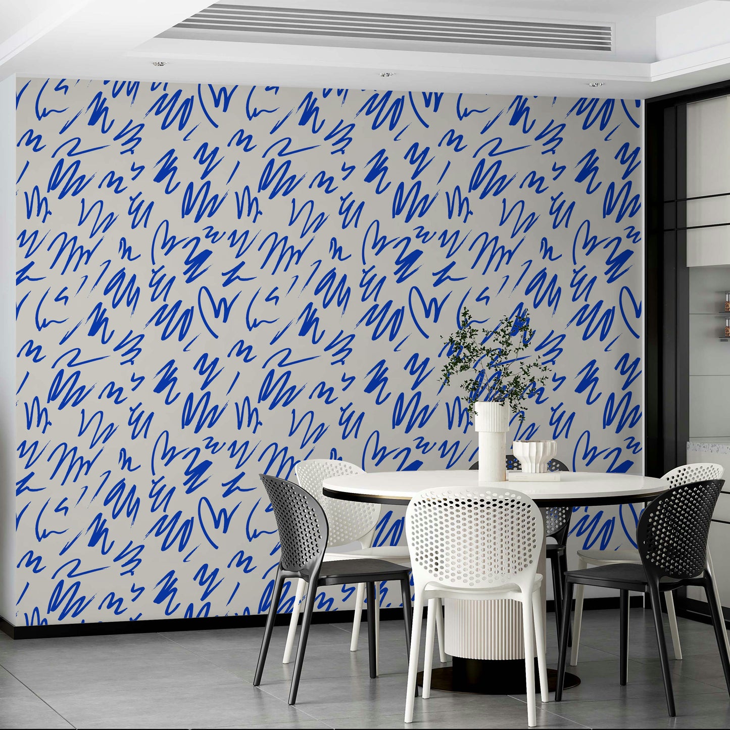 A studio decorated with an abstract wall mural

