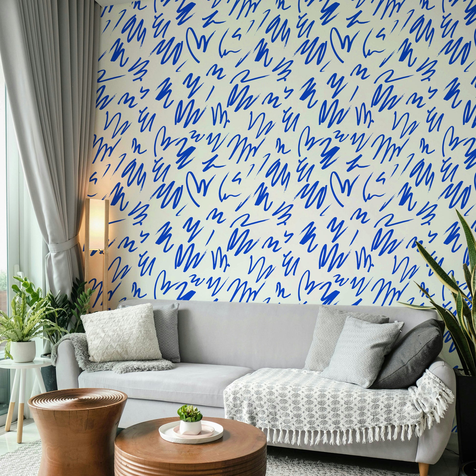 An interior with a fun and artistic accent wall

